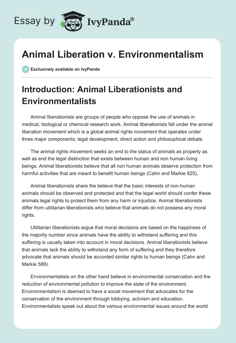 Animal Liberation vs. Environmentalism. Page 1