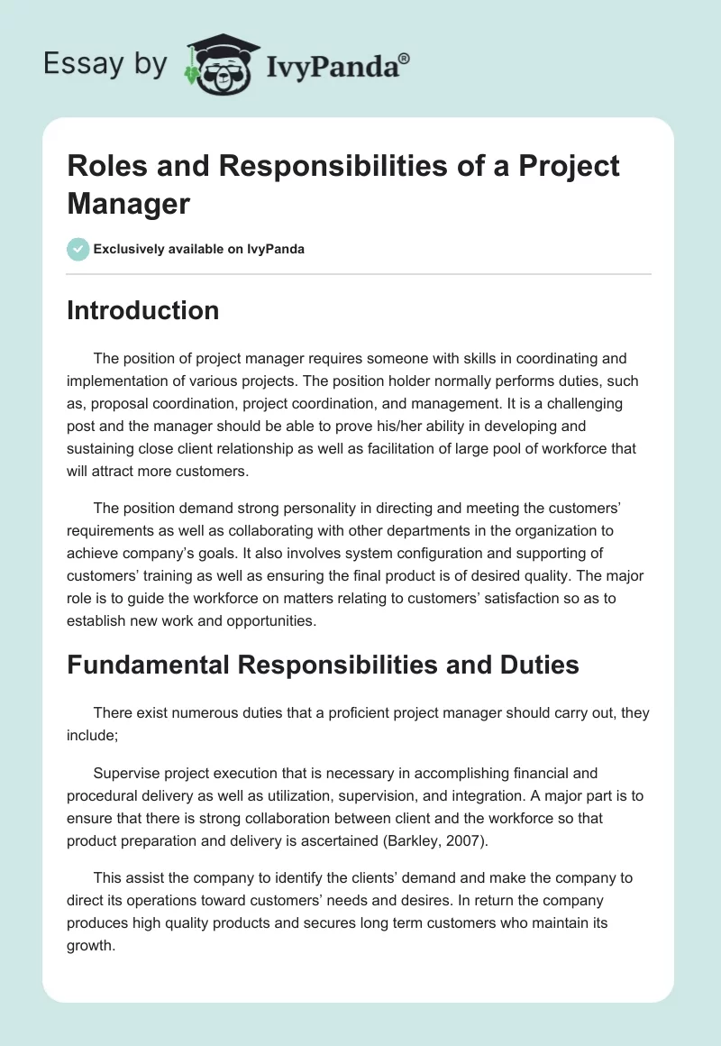 Roles and Responsibilities of a Project Manager. Page 1