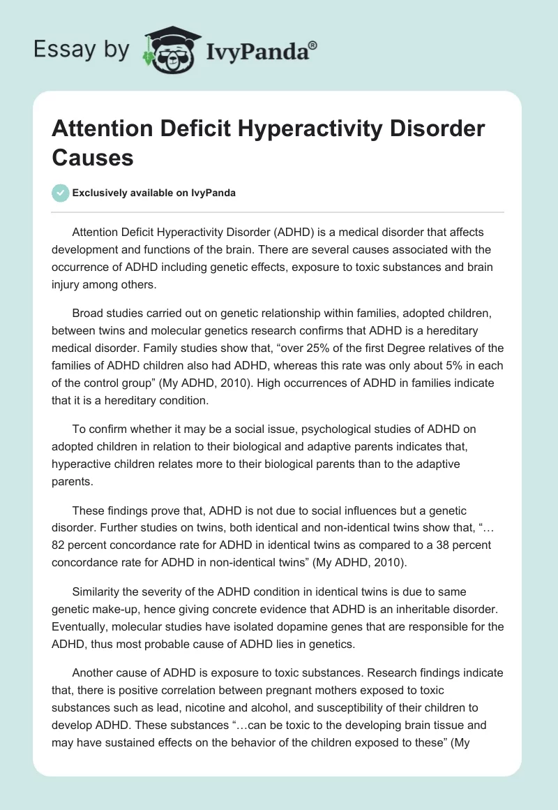 Attention Deficit Hyperactivity Disorder Causes. Page 1