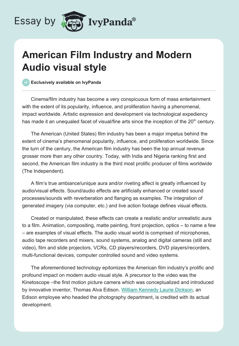 American Film Industry and Modern Audio Visual Style. Page 1
