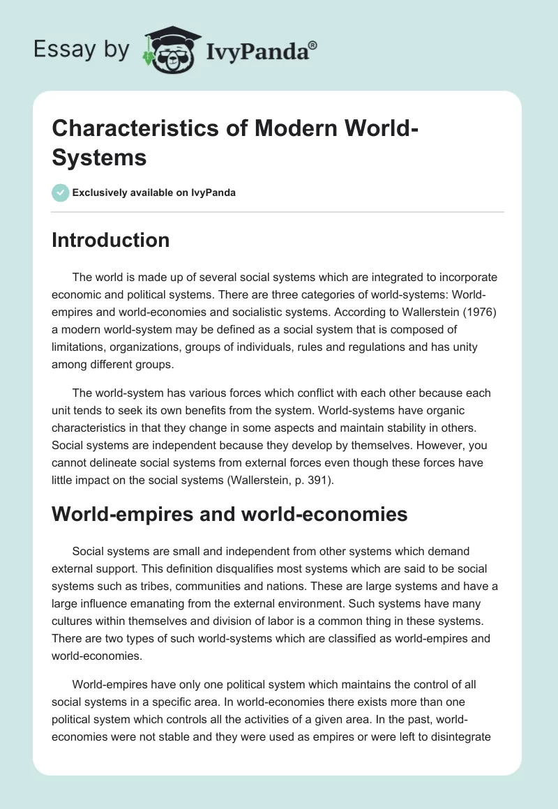 Modern World System Definition: Essay Example. Page 1