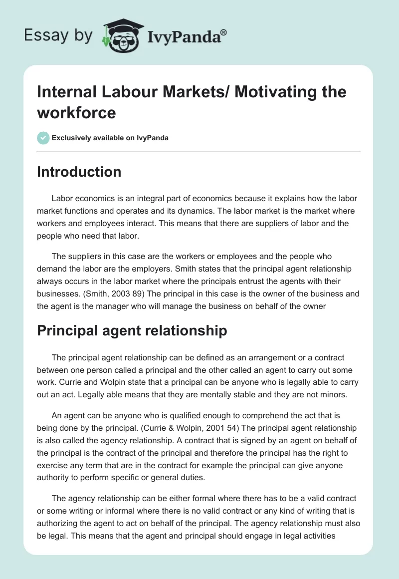Internal Labour Markets/ Motivating the workforce. Page 1