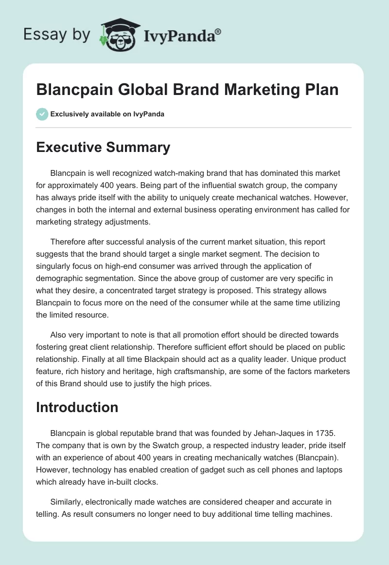 Blancpain Global Brand Marketing Plan. Page 1