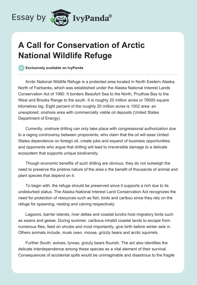 A Call for Conservation of Arctic National Wildlife Refuge. Page 1
