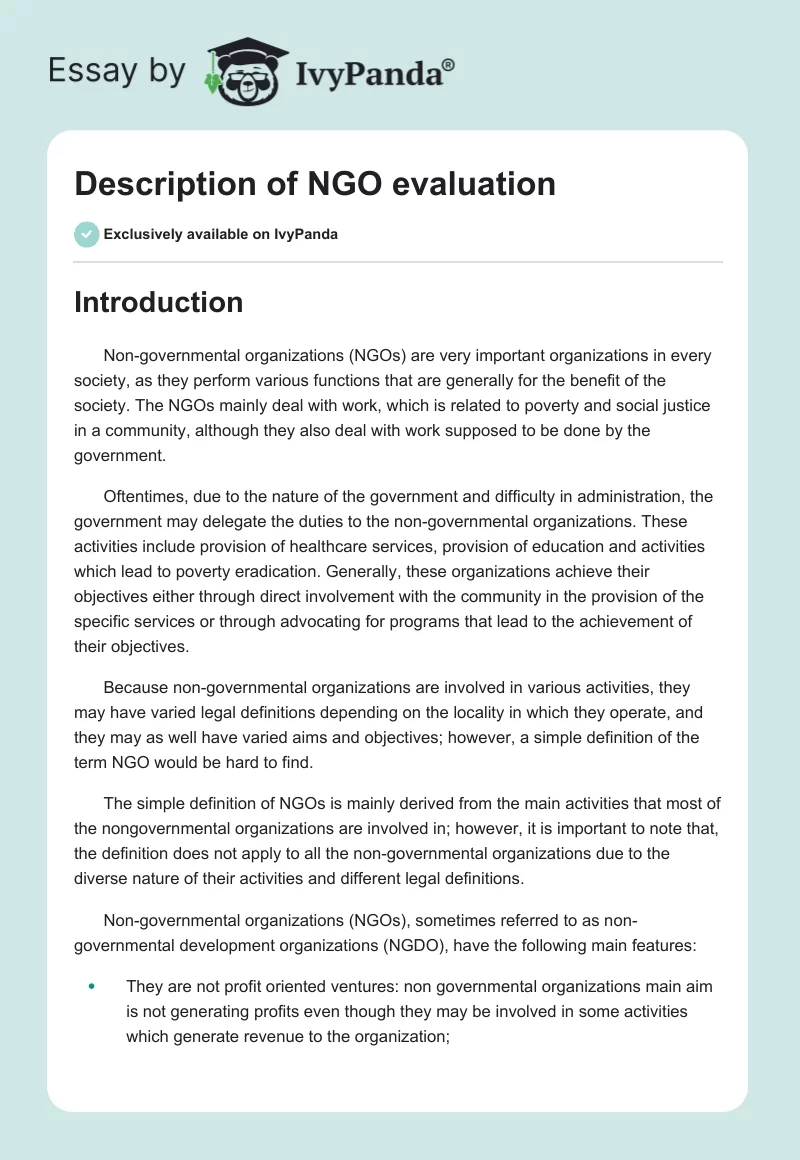 Description of NGO evaluation. Page 1