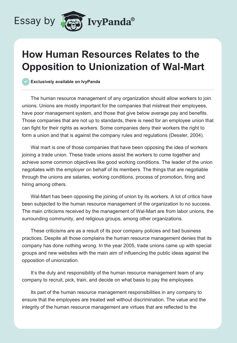 How Human Resources Relates to the Opposition to Unionization of Wal-Mart. Page 1