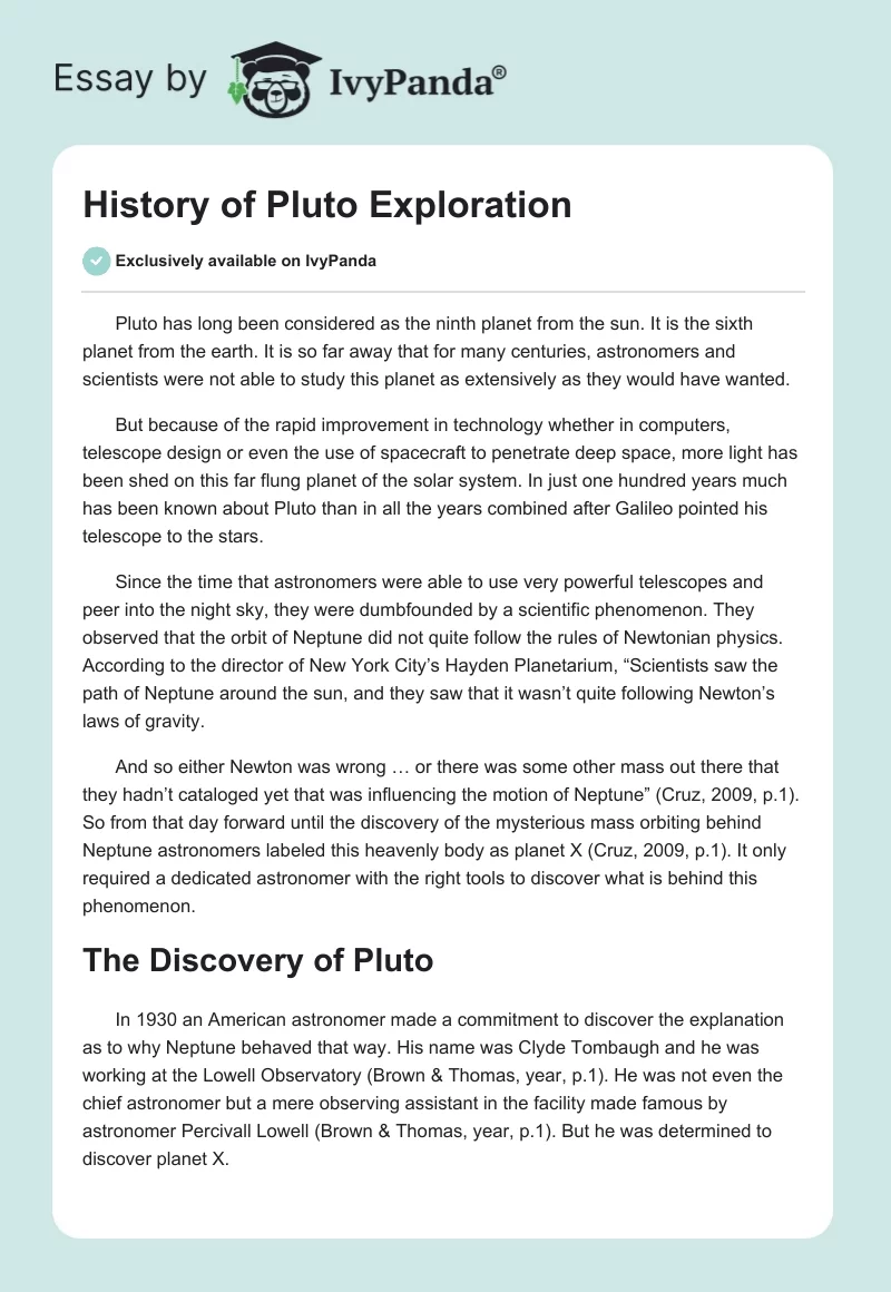 History of Pluto Exploration. Page 1