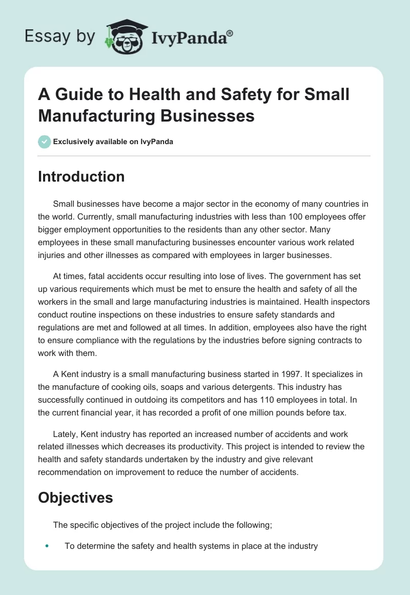 A Guide to Health and Safety for Small Manufacturing Businesses. Page 1