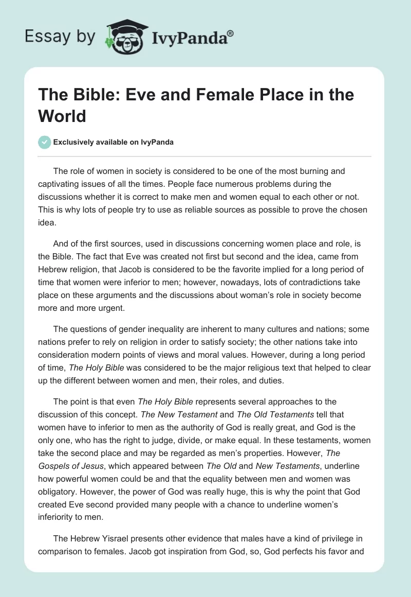 The Bible: Eve and Female Place in the World. Page 1