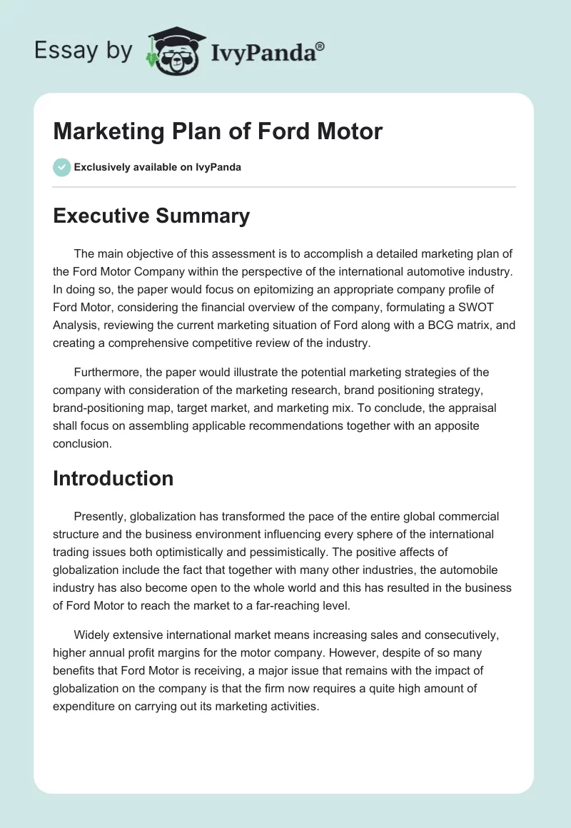 Marketing Plan of Ford Motor. Page 1