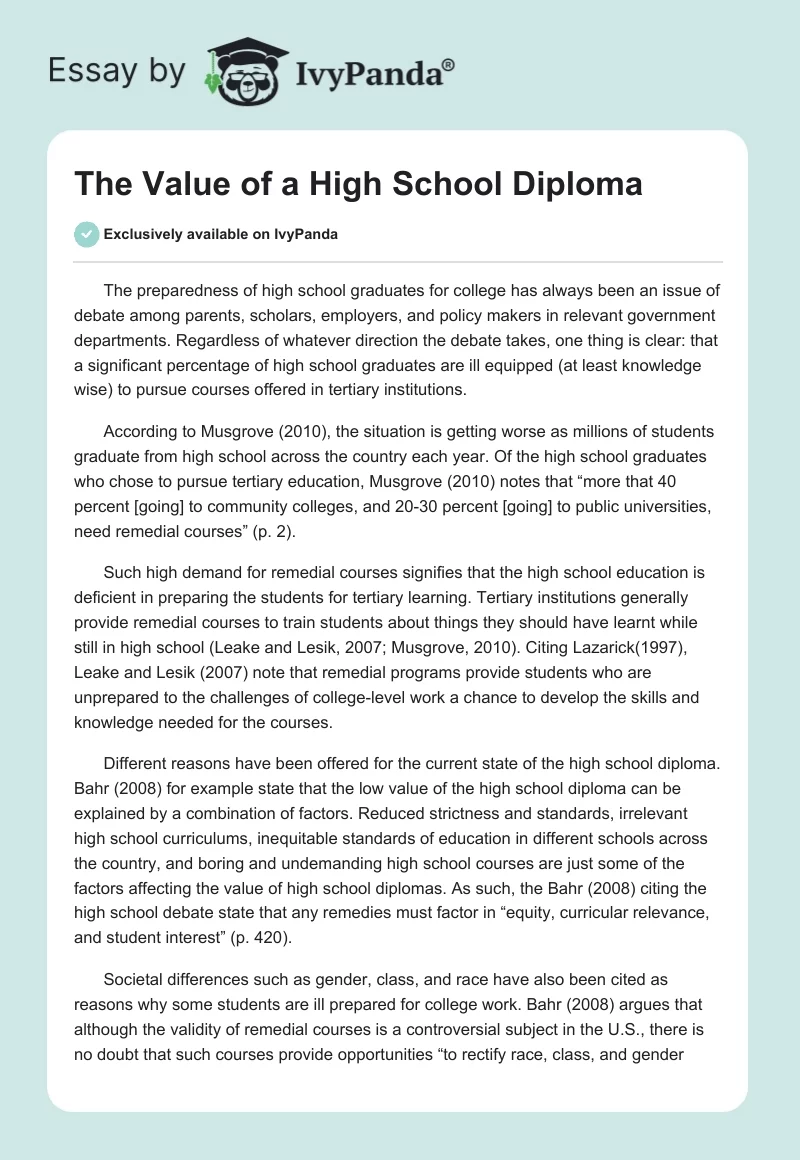 The Value of a High School Diploma. Page 1