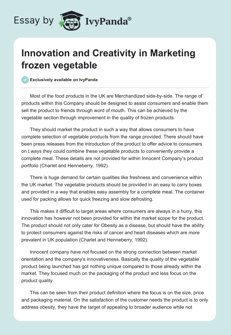 Innovation and Creativity in Marketing frozen vegetable. Page 1