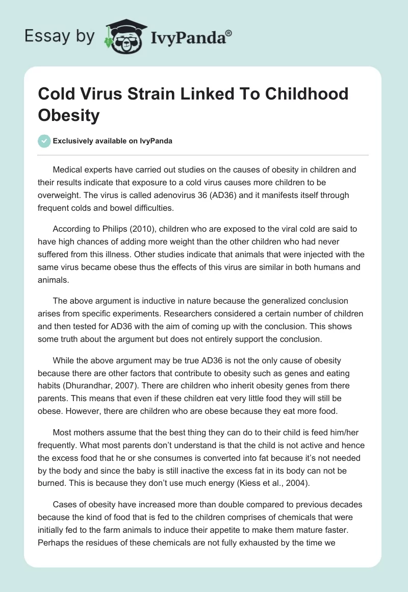 Cold Virus Strain Linked to Childhood Obesity. Page 1