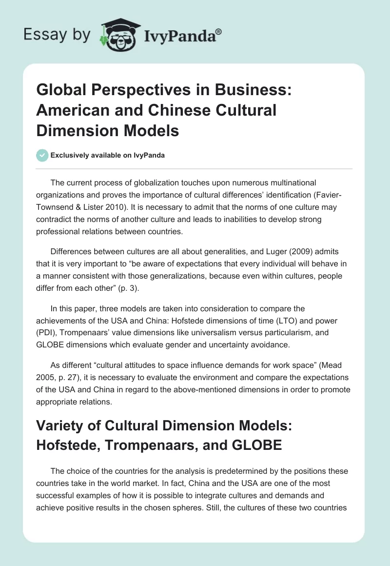 Global Perspectives in Business: American and Chinese Cultural Dimension Models. Page 1