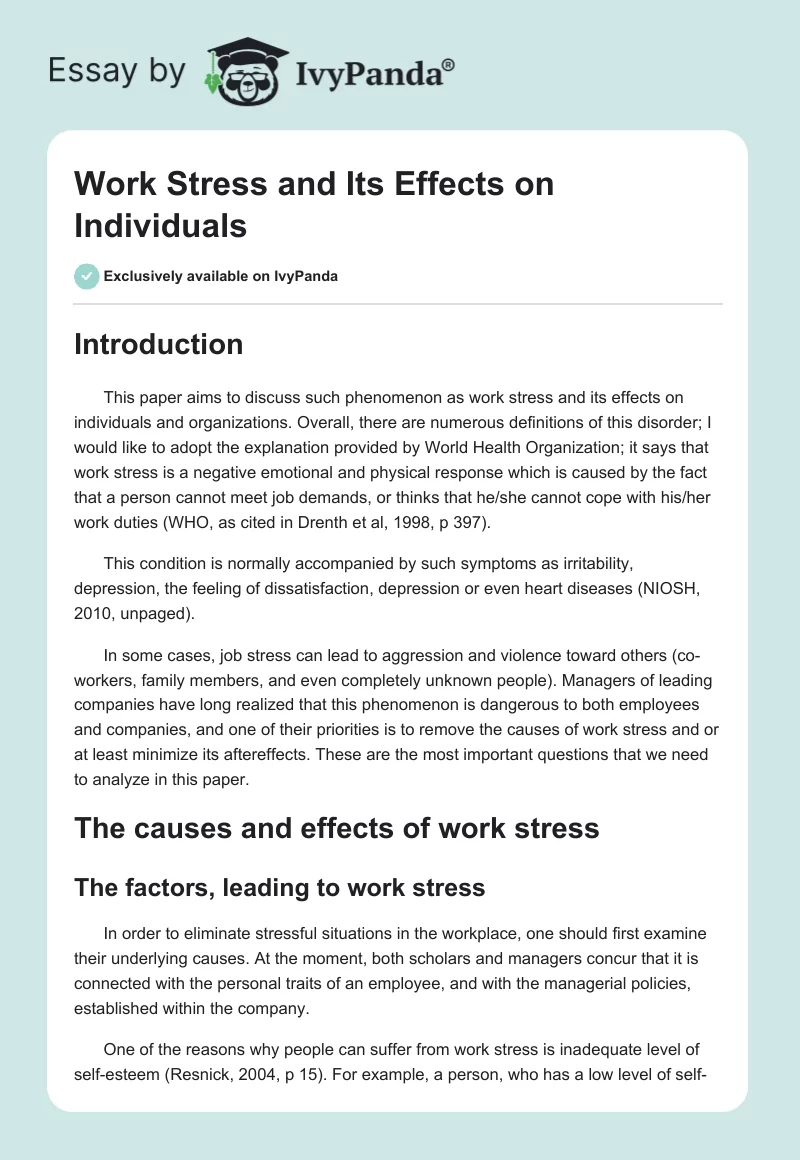 Work Stress and Its Effects on Individuals. Page 1