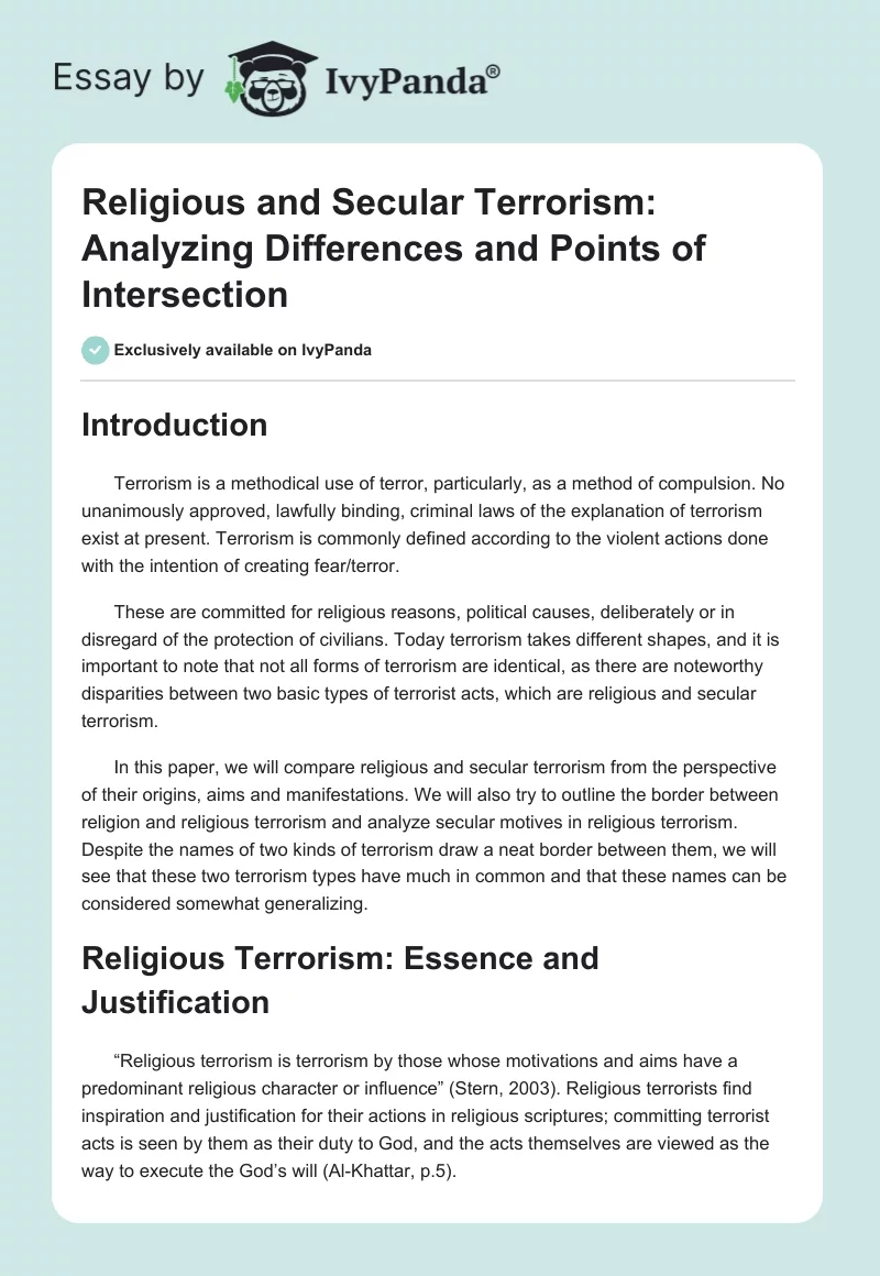 Religious and Secular Terrorism: Analyzing Differences and Points of Intersection. Page 1
