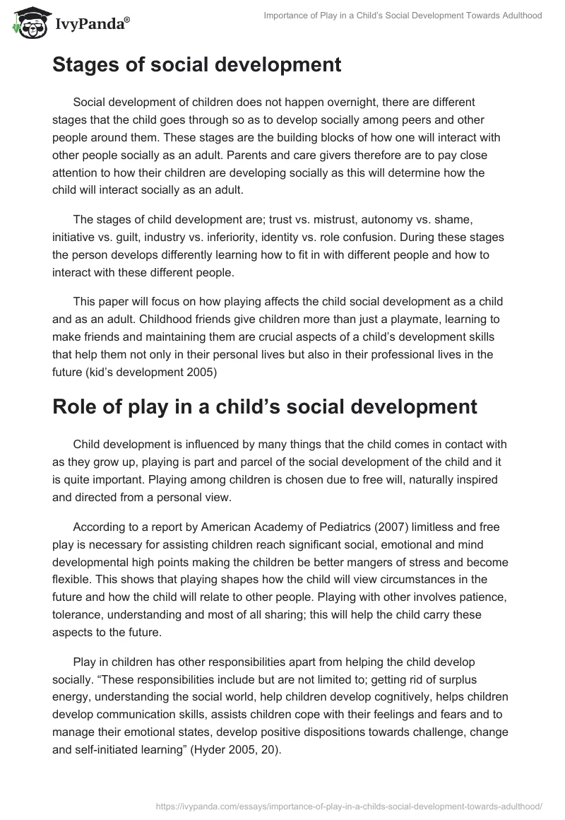 Importance of Play in a Child’s Social Development Towards Adulthood. Page 2