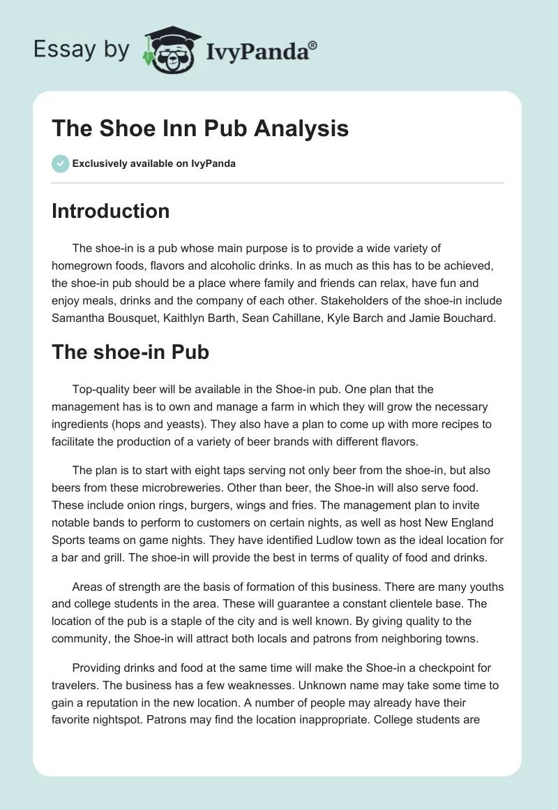 The Shoe Inn Pub Analysis. Page 1