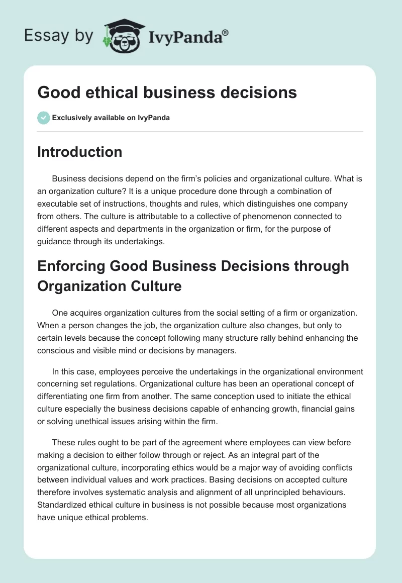 Good ethical business decisions. Page 1