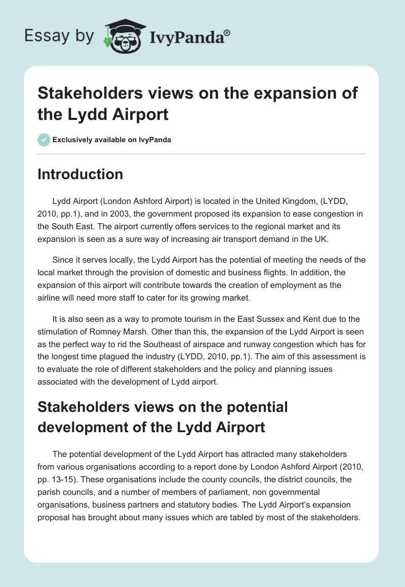Stakeholders Views on the Expansion of the Lydd Airport. Page 1