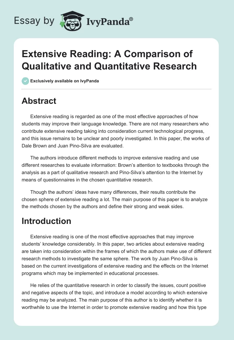Extensive Reading: A Comparison of Qualitative and Quantitative Research. Page 1