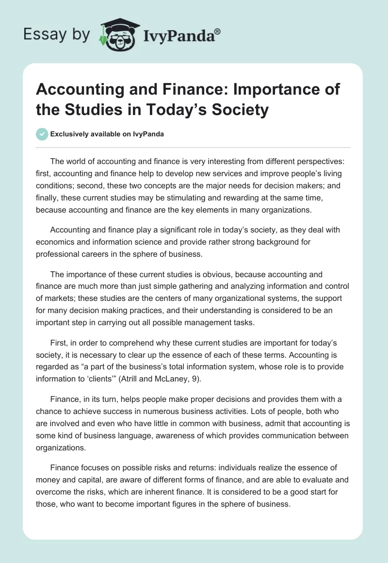 Accounting and Finance: Importance of the Studies in Today’s Society. Page 1