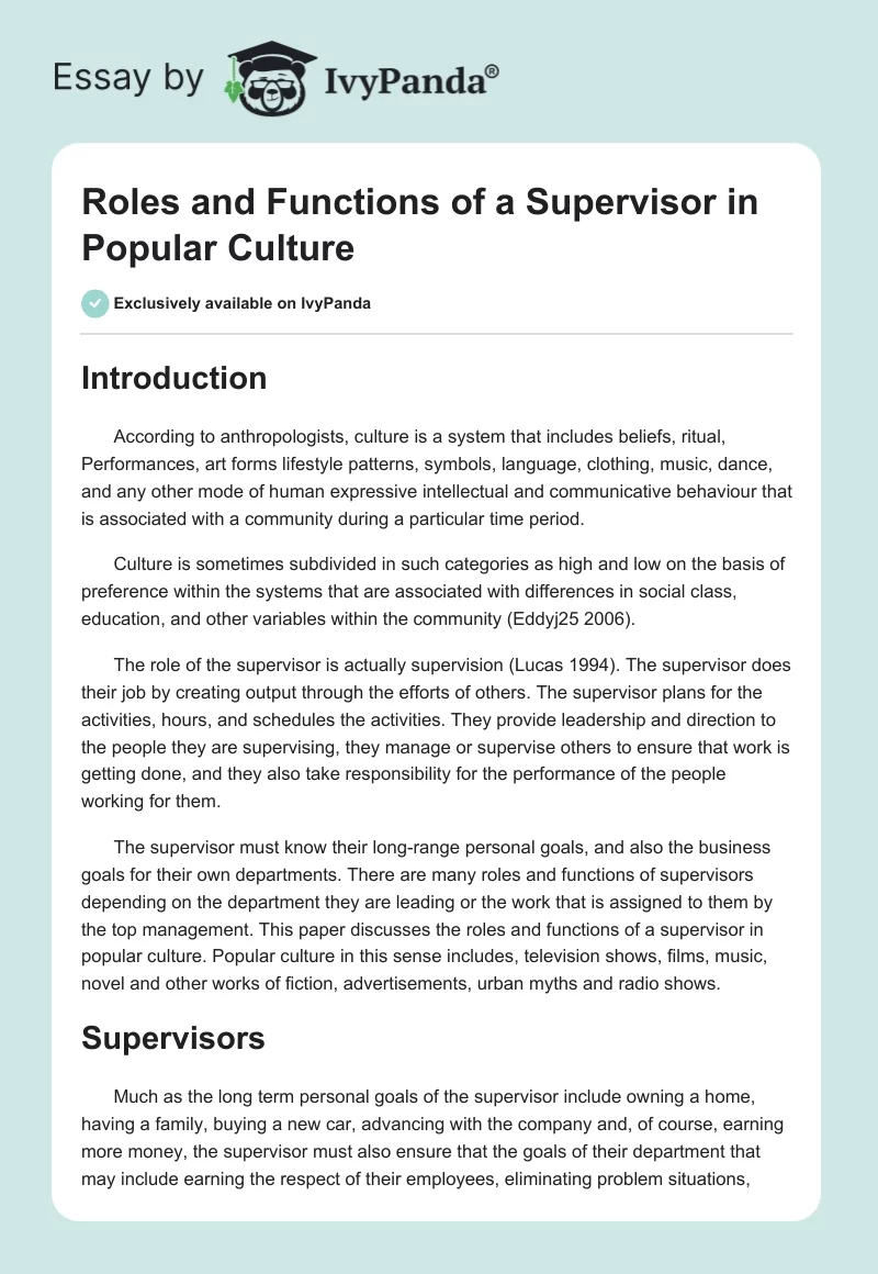 Roles and Functions of a Supervisor in Popular Culture. Page 1