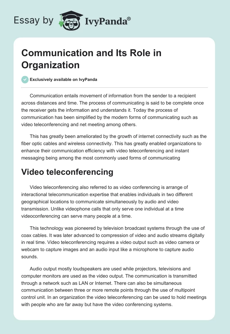 Communication and Its Role in Organization. Page 1