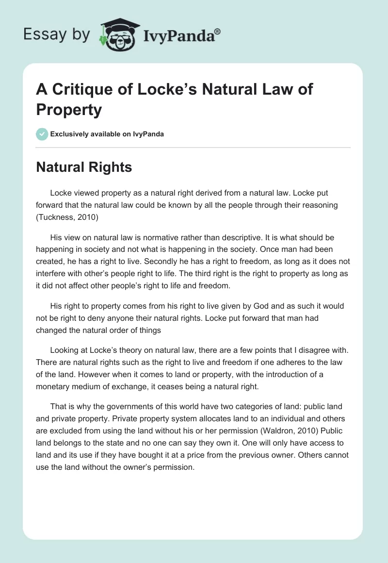 A Critique of Locke’s Natural Law of Property. Page 1
