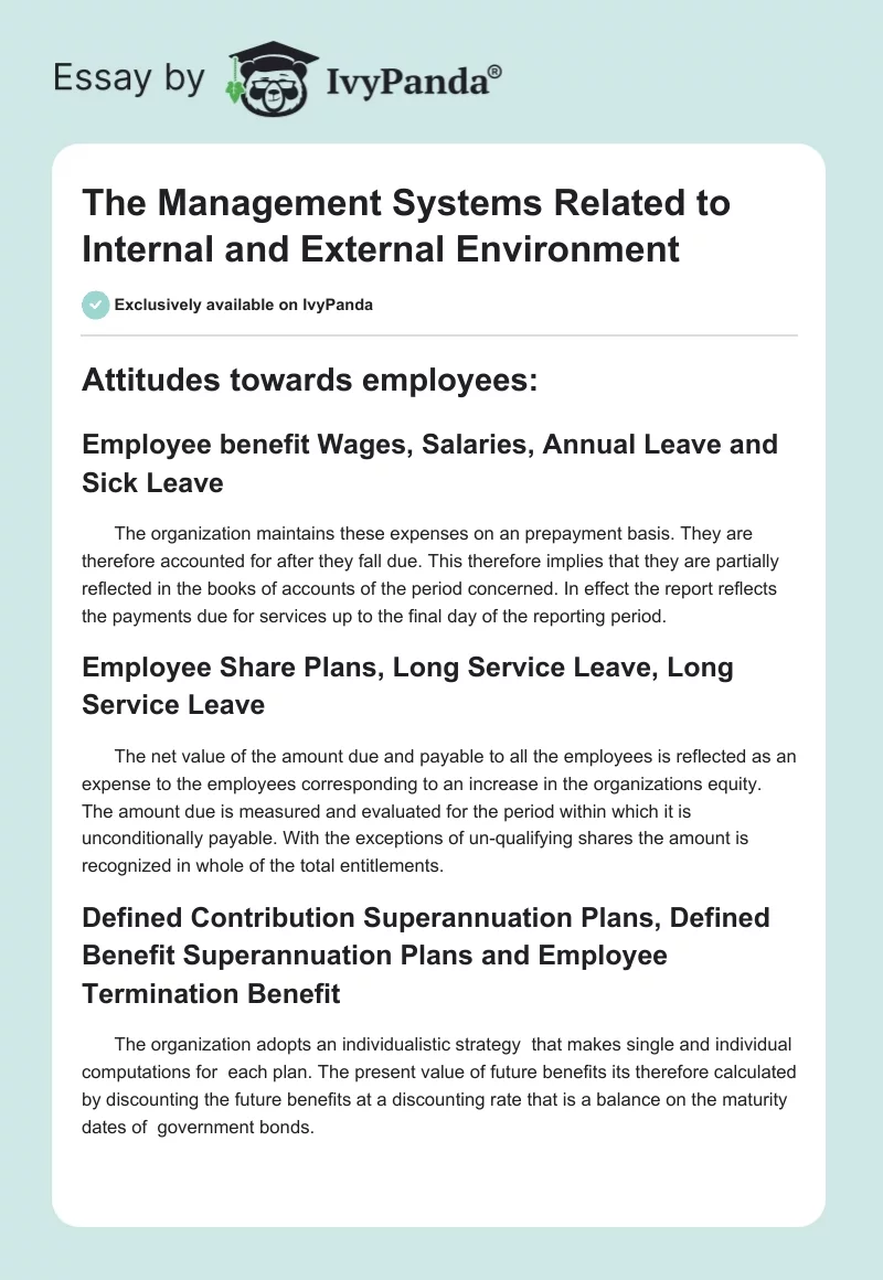 The Management Systems Related to Internal and External Environment. Page 1