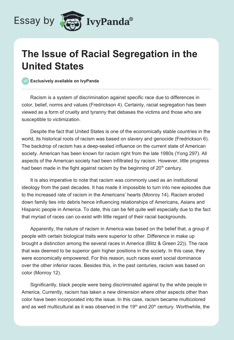 The Issue of Racial Segregation in the United States. Page 1