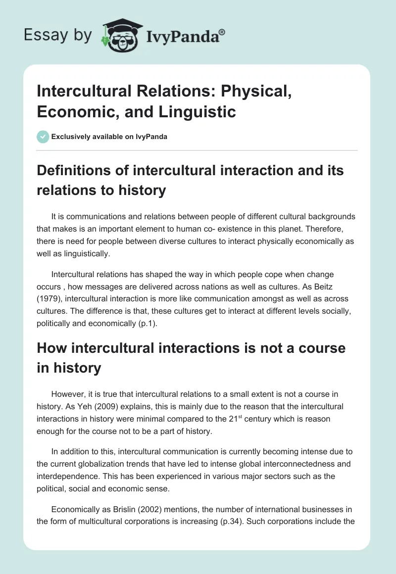 Intercultural Relations: Physical, Economic, and Linguistic. Page 1