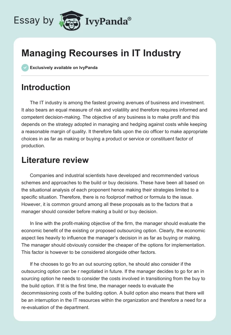 Managing Recourses in IT Industry. Page 1