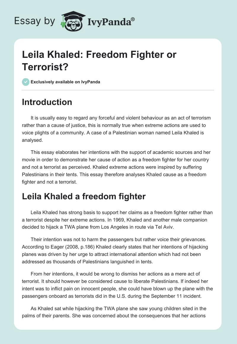 Leila Khaled: Freedom Fighter or Terrorist?. Page 1