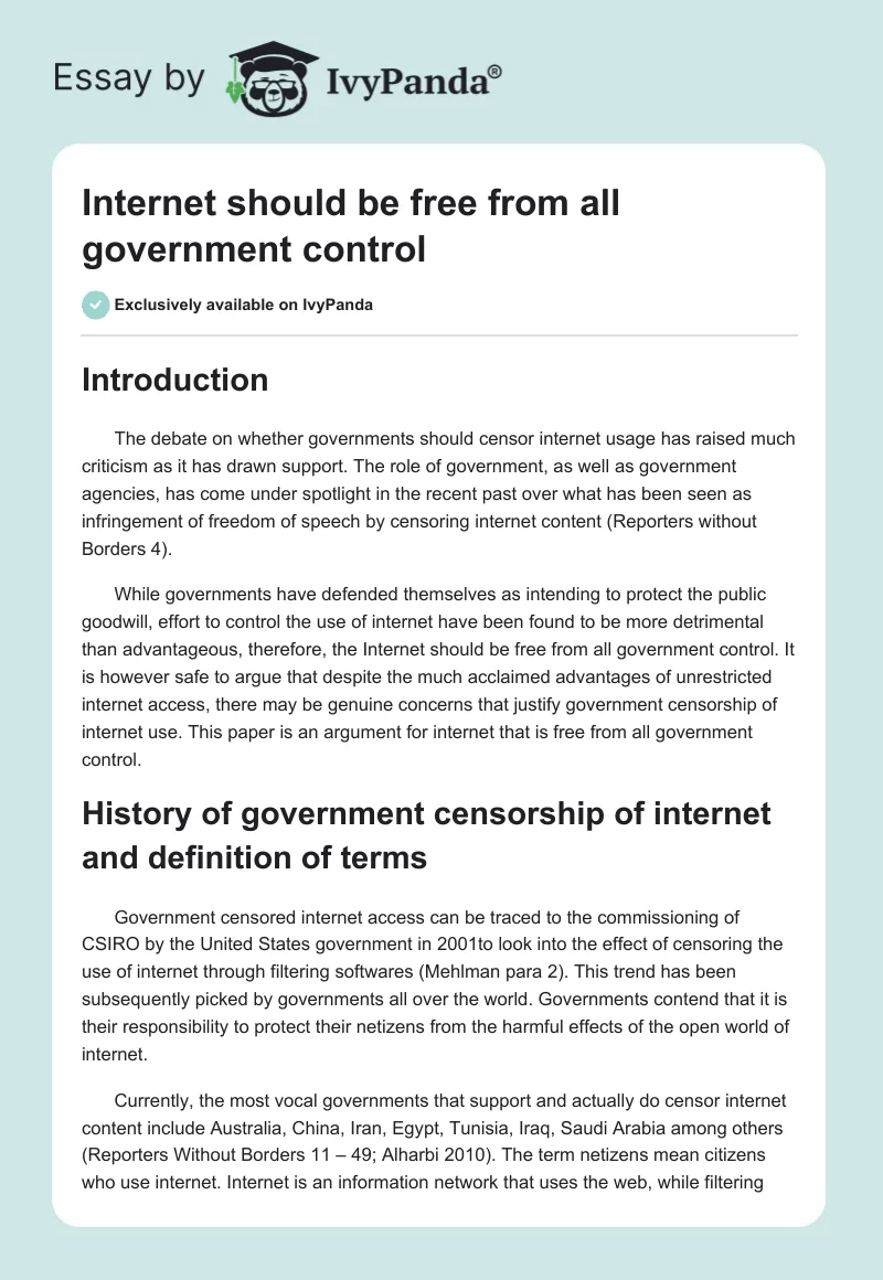 Internet Should Be Free From All Government Control. Page 1