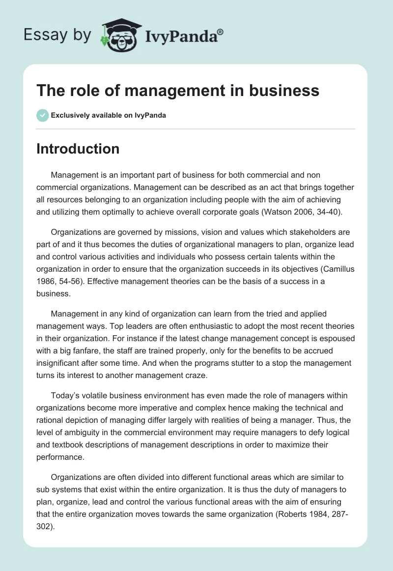 The role of management in business. Page 1
