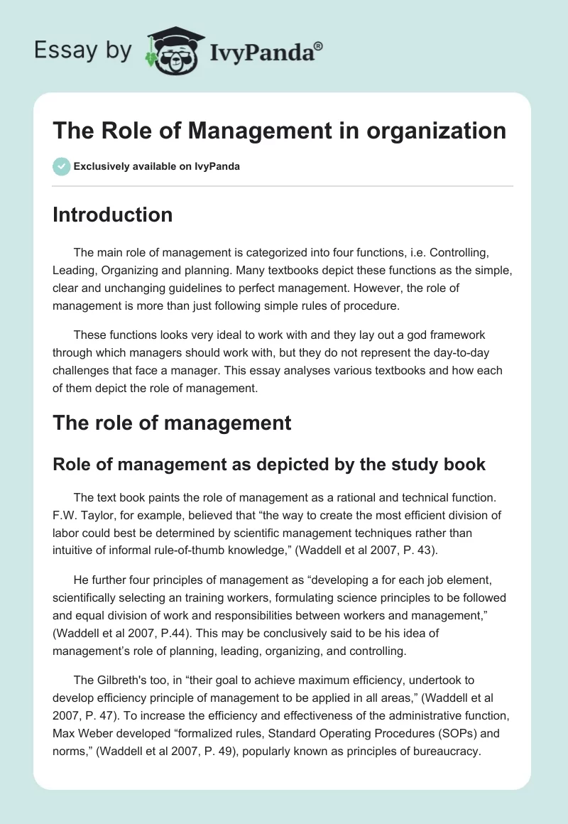 The Role of Management in organization. Page 1