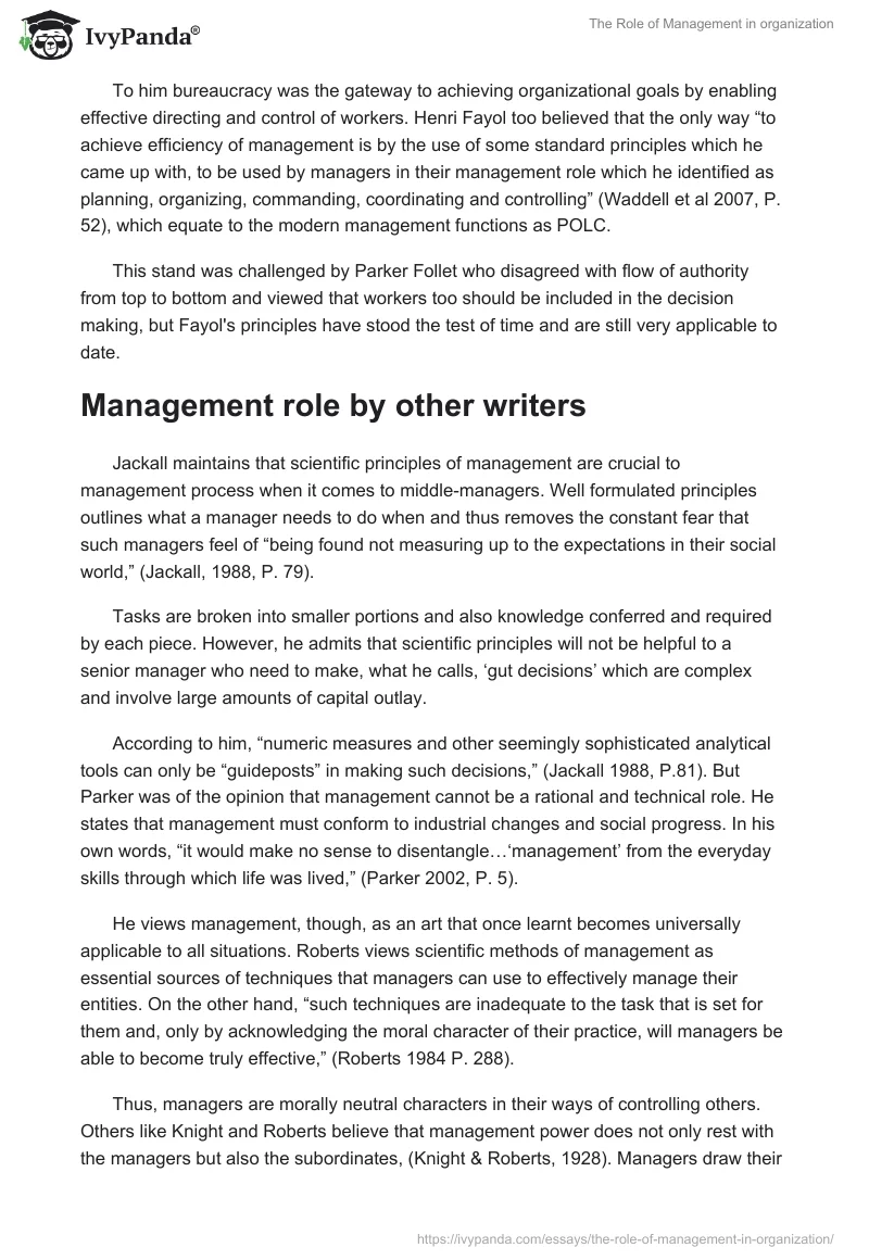 The Role of Management in organization. Page 2