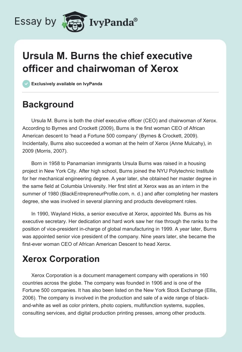 Ursula M. Burns the chief executive officer and chairwoman of Xerox. Page 1