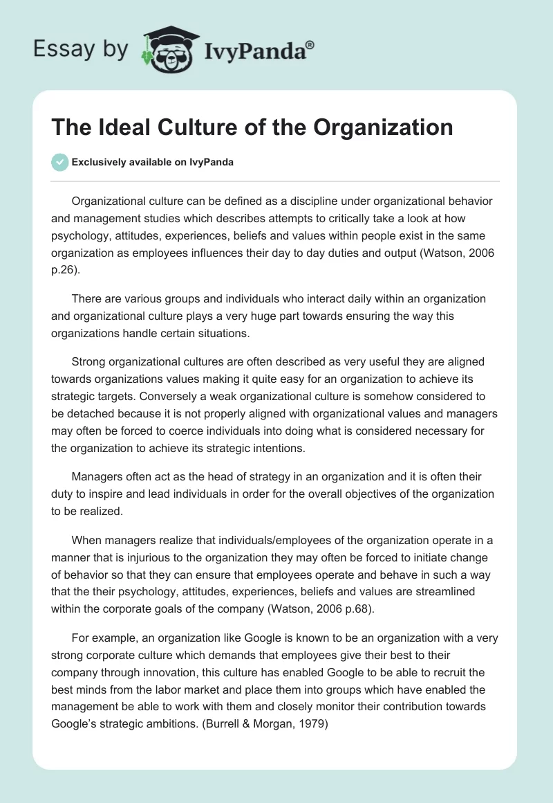 The Ideal Culture of the Organization. Page 1