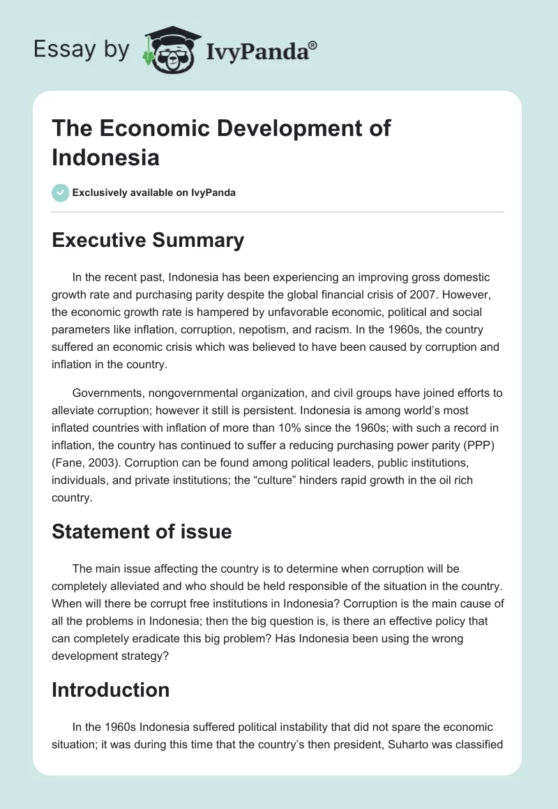 The Economic Development of Indonesia. Page 1