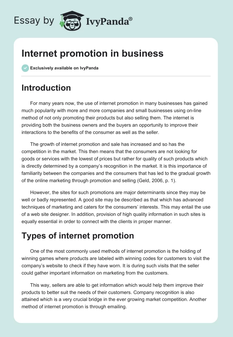Internet Promotion in Business. Page 1