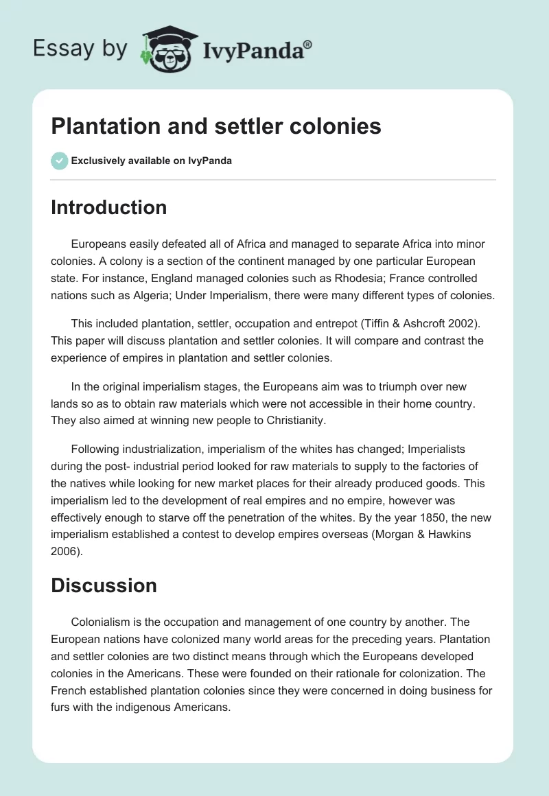 Plantation and Settler Colonies. Page 1