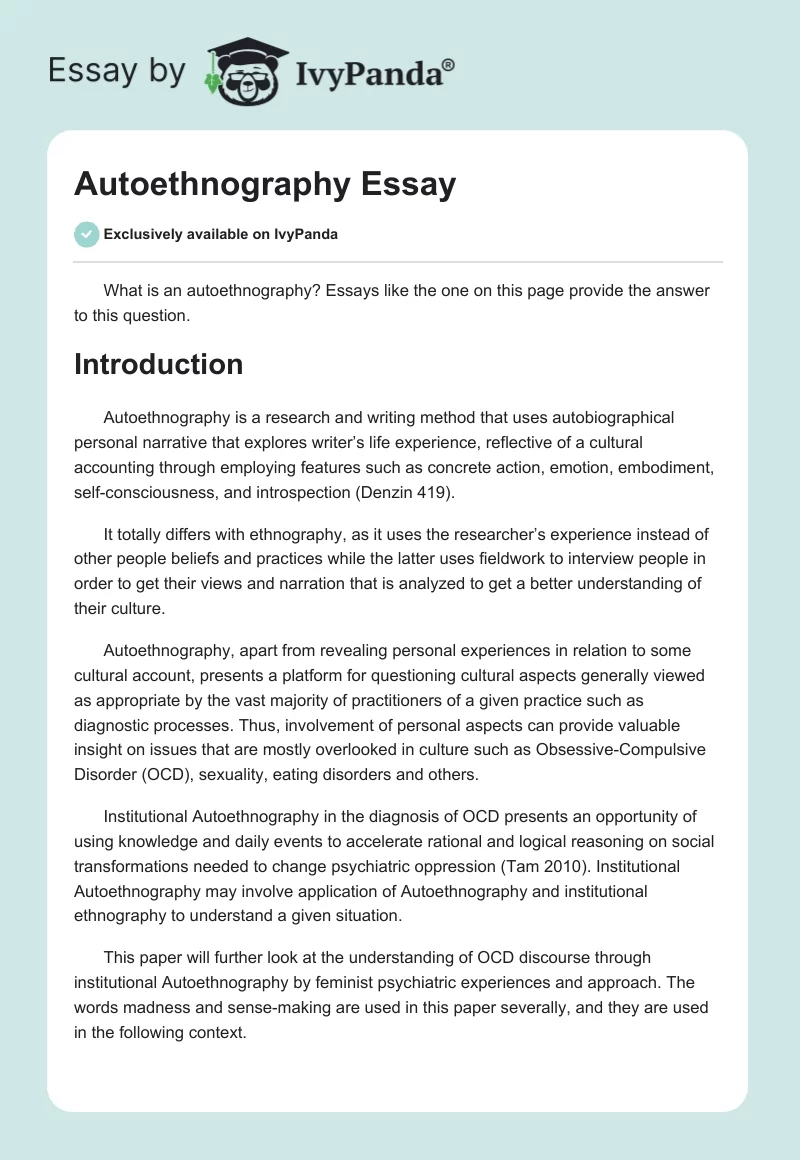 Autoethnography Essay. Page 1