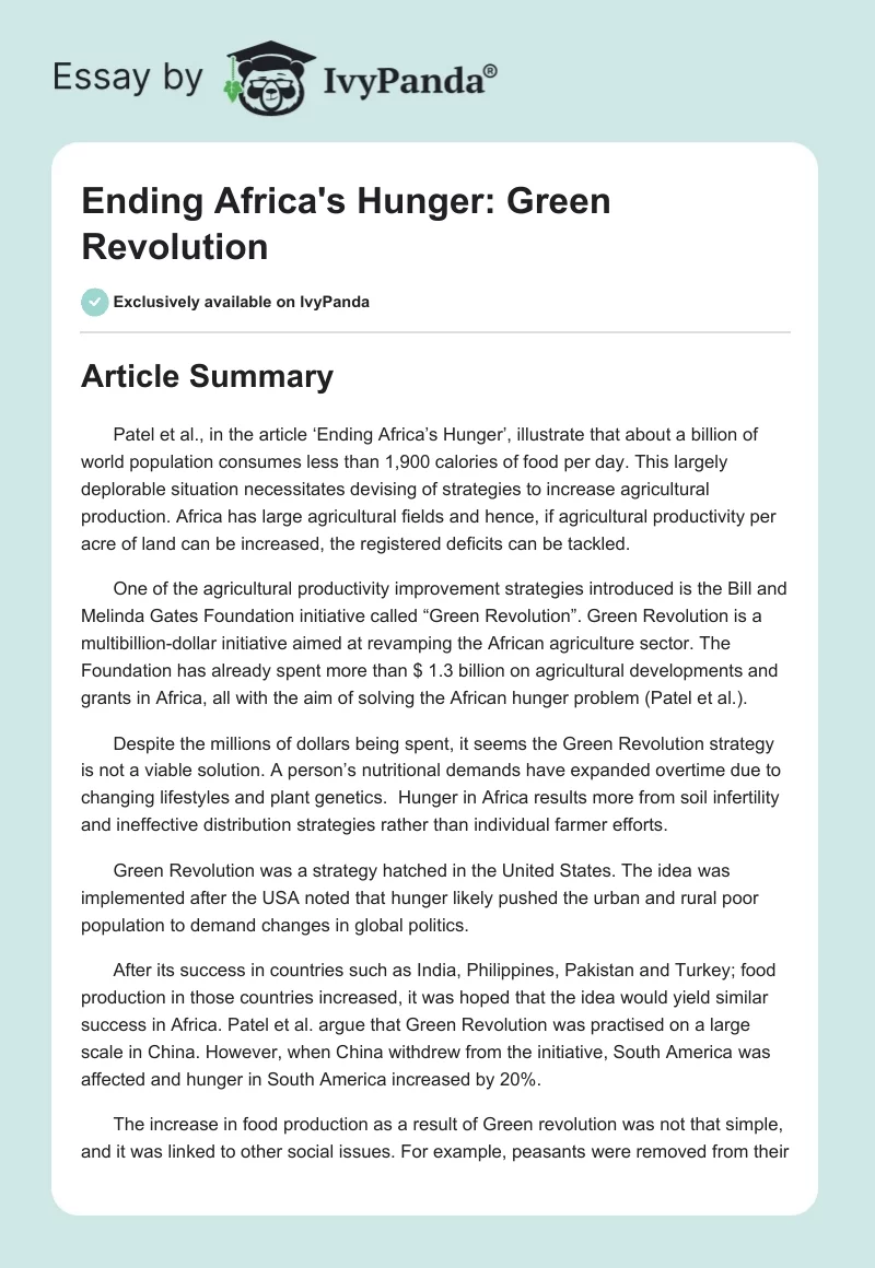 Ending Africa's Hunger: Green Revolution. Page 1