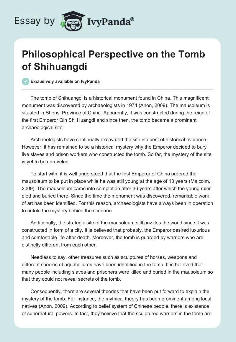 Philosophical Perspective on the Tomb of Shihuangdi. Page 1