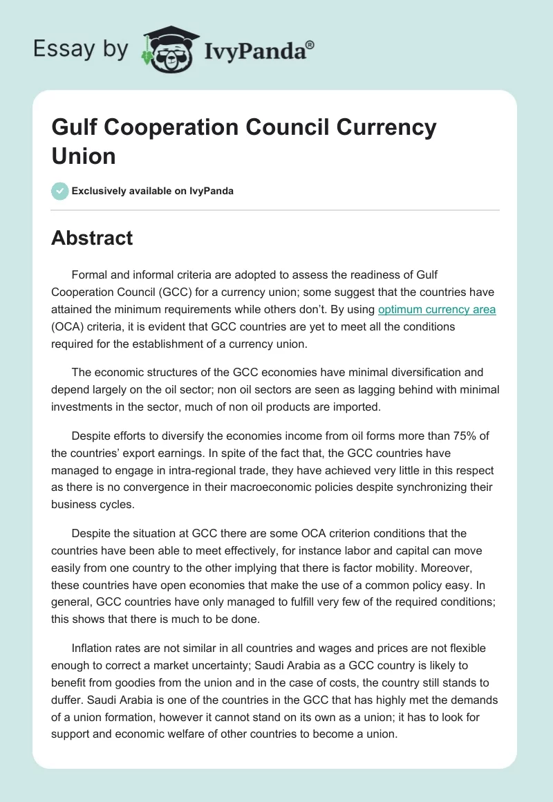 Gulf Cooperation Council Currency Union. Page 1