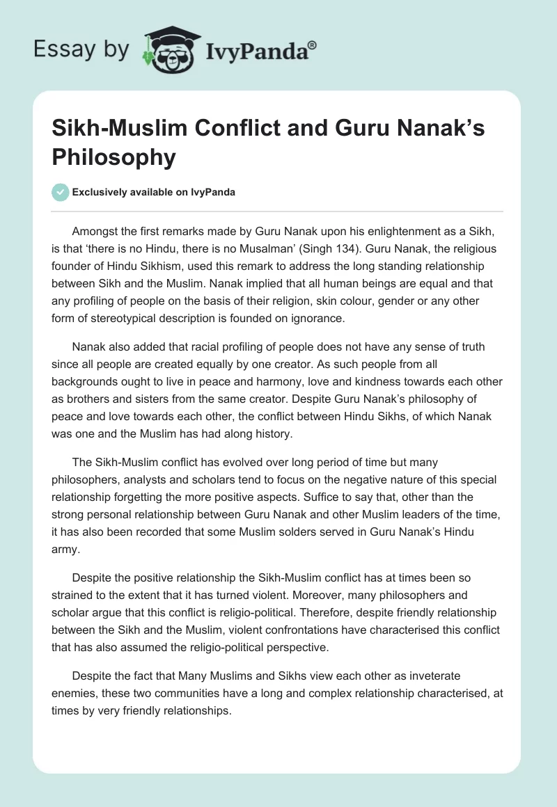 Sikh-Muslim Conflict and Guru Nanak’s Philosophy. Page 1