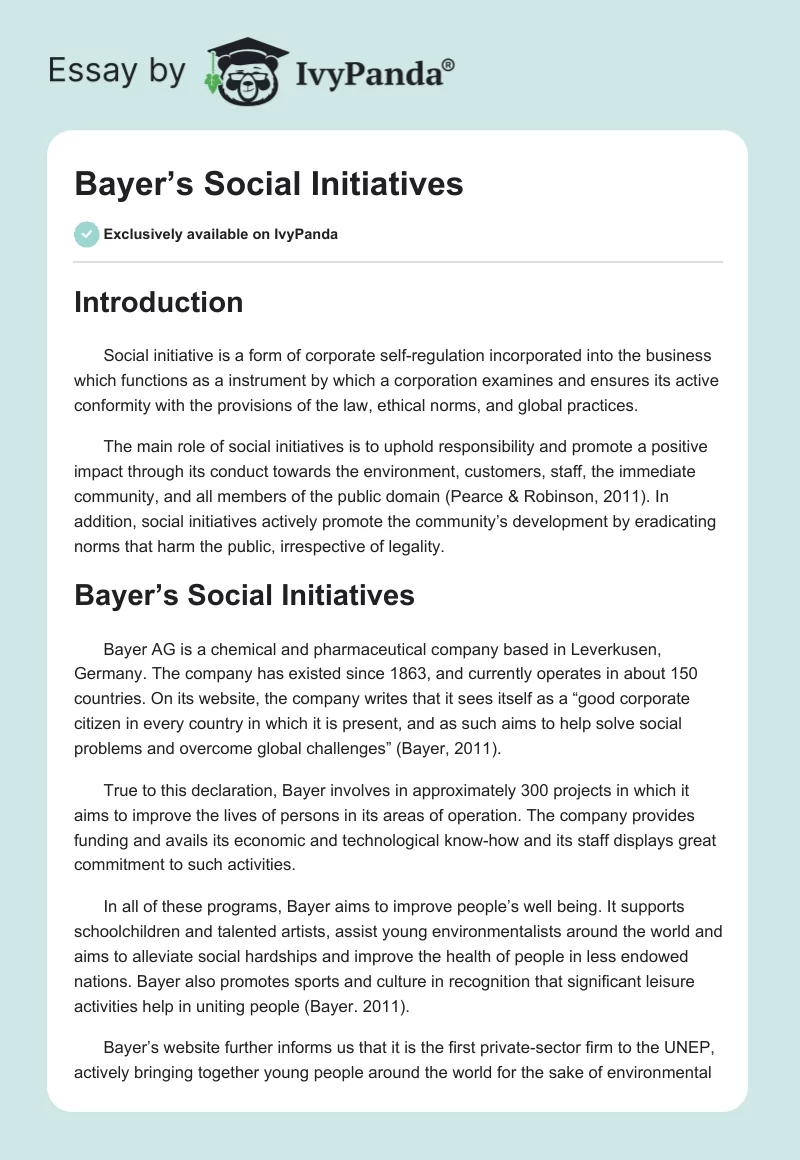 Bayer’s Social Initiatives. Page 1