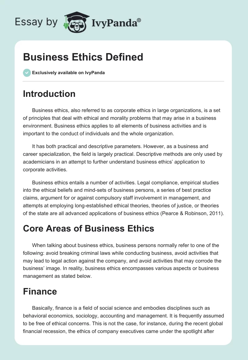 Business Ethics Defined. Page 1
